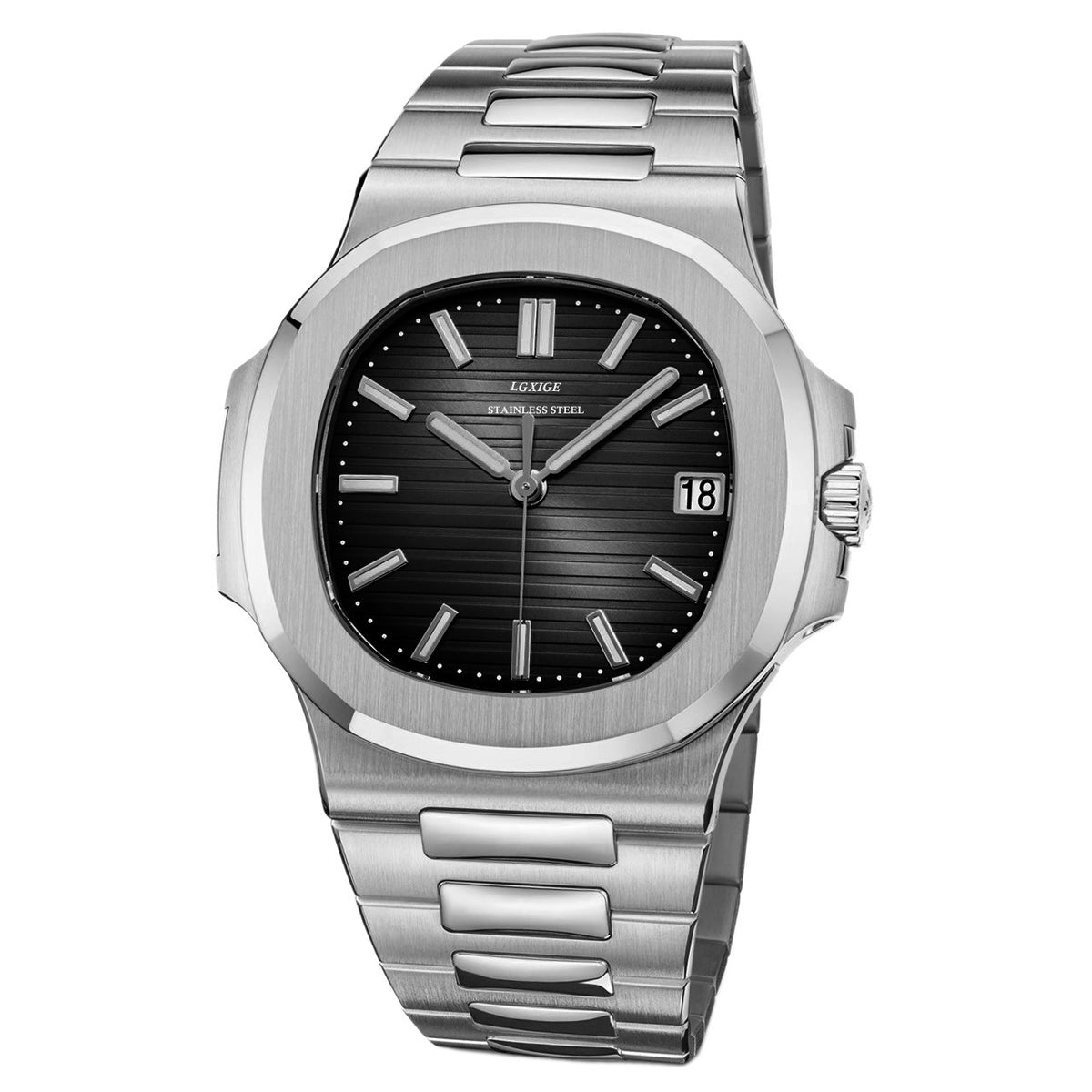 Steel Integrated-Bracelet Watch, Sapphire Glass – Men – Steel · Black Dial – front