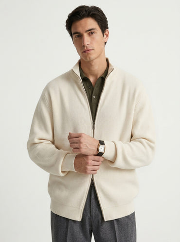 Stand-Collar Zip Knit Cardigan – Men – Cream – worn, front, hands