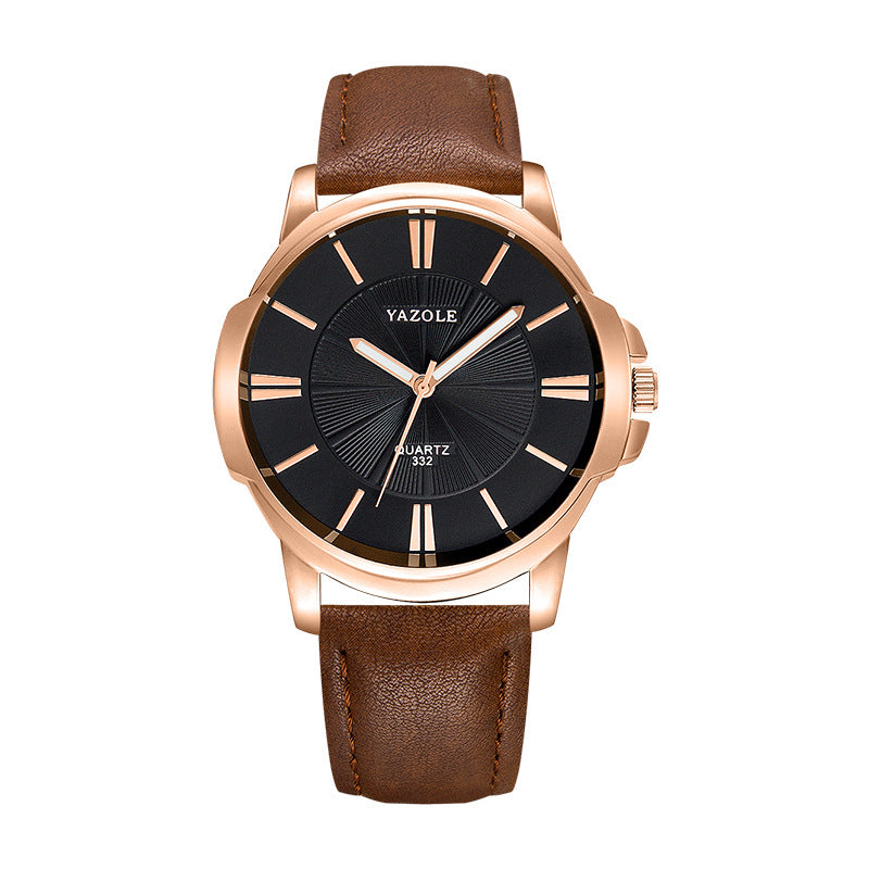 Minimalist Dress Watch, Leather Strap – Men – Gold · Black Dial · Brown Strap – front
