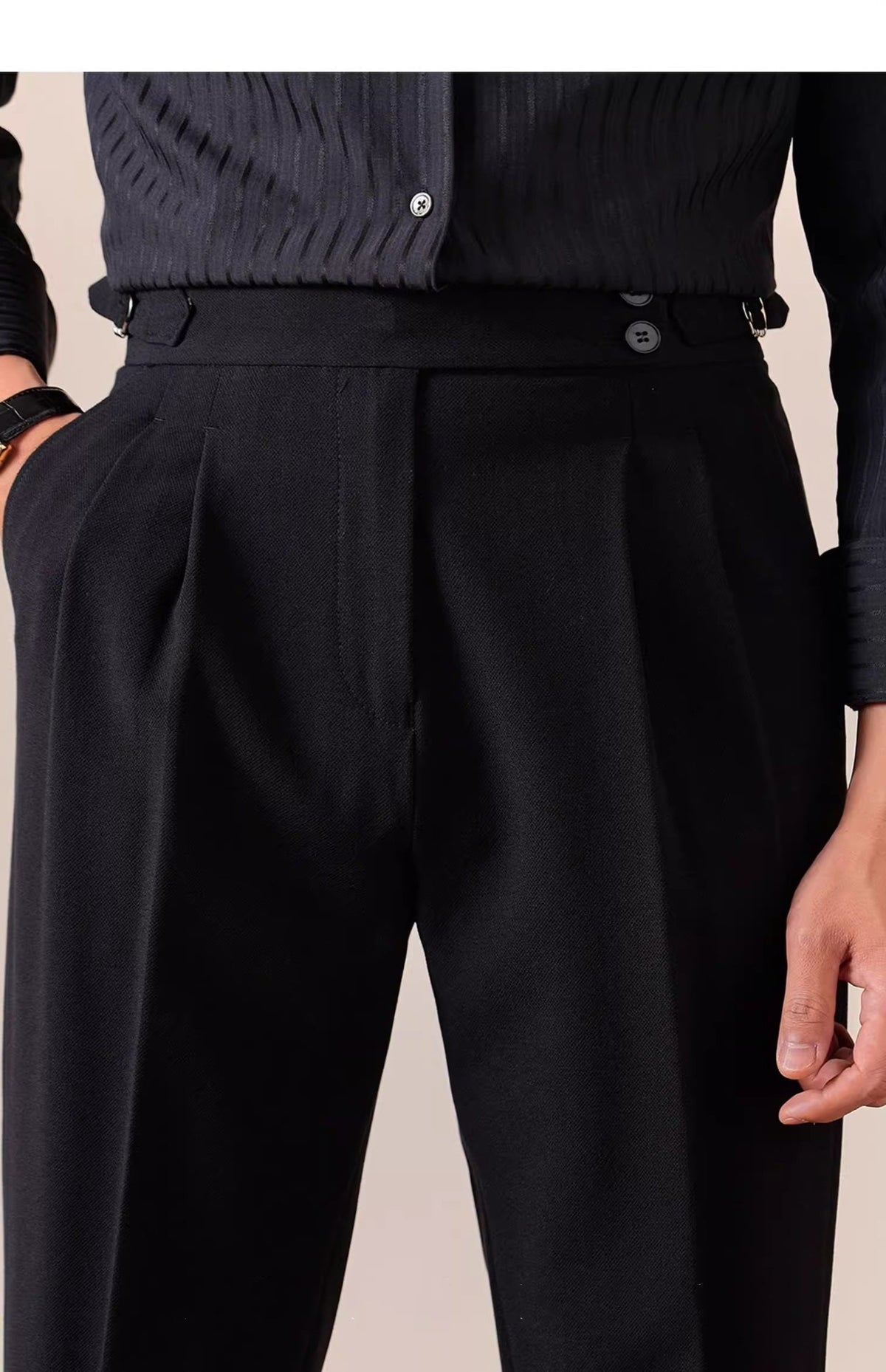 High-Waist Pleated Trousers, Side Buckles & Paris Tab – Men – Black – waist