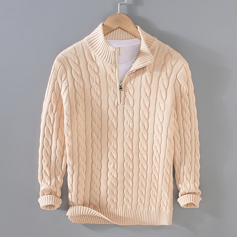 Cable Knit Quarter-Zip Sweater – Men – Beige – front