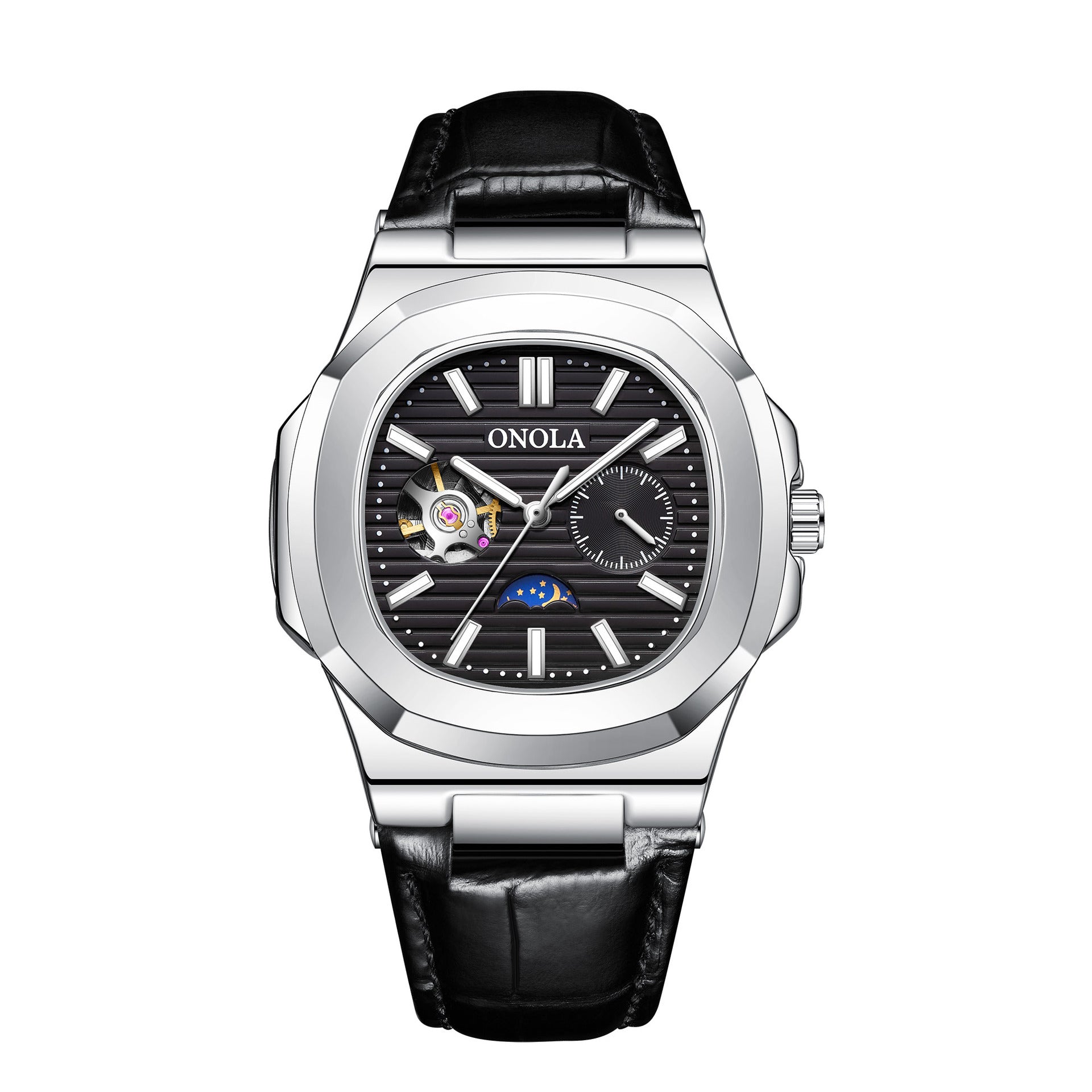 Open-Heart Mechanical Watch, Sun & Moon Dial – Men – Silver · Black Dial · Black Leather – front