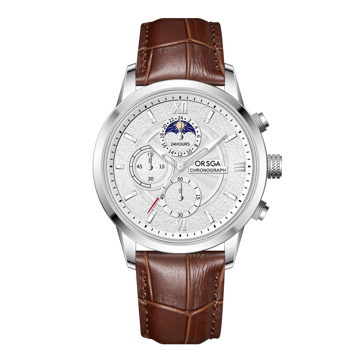 Moon-Phase Chronograph Watch – Men – Silver · White Dial · Brown Leather – front