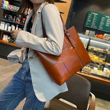 Genuine Leather Tote Bag – Women – Tan – worn