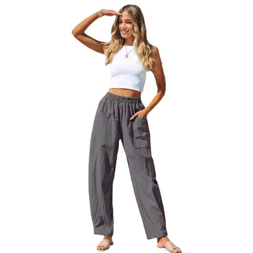 100% Polyester Elastic-Waist Relaxed Trousers – Women – Grey – worn
