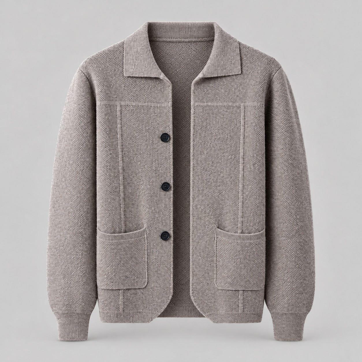 100% Wool Knit Shirt-Collar Cardigan – Men – Stone – front