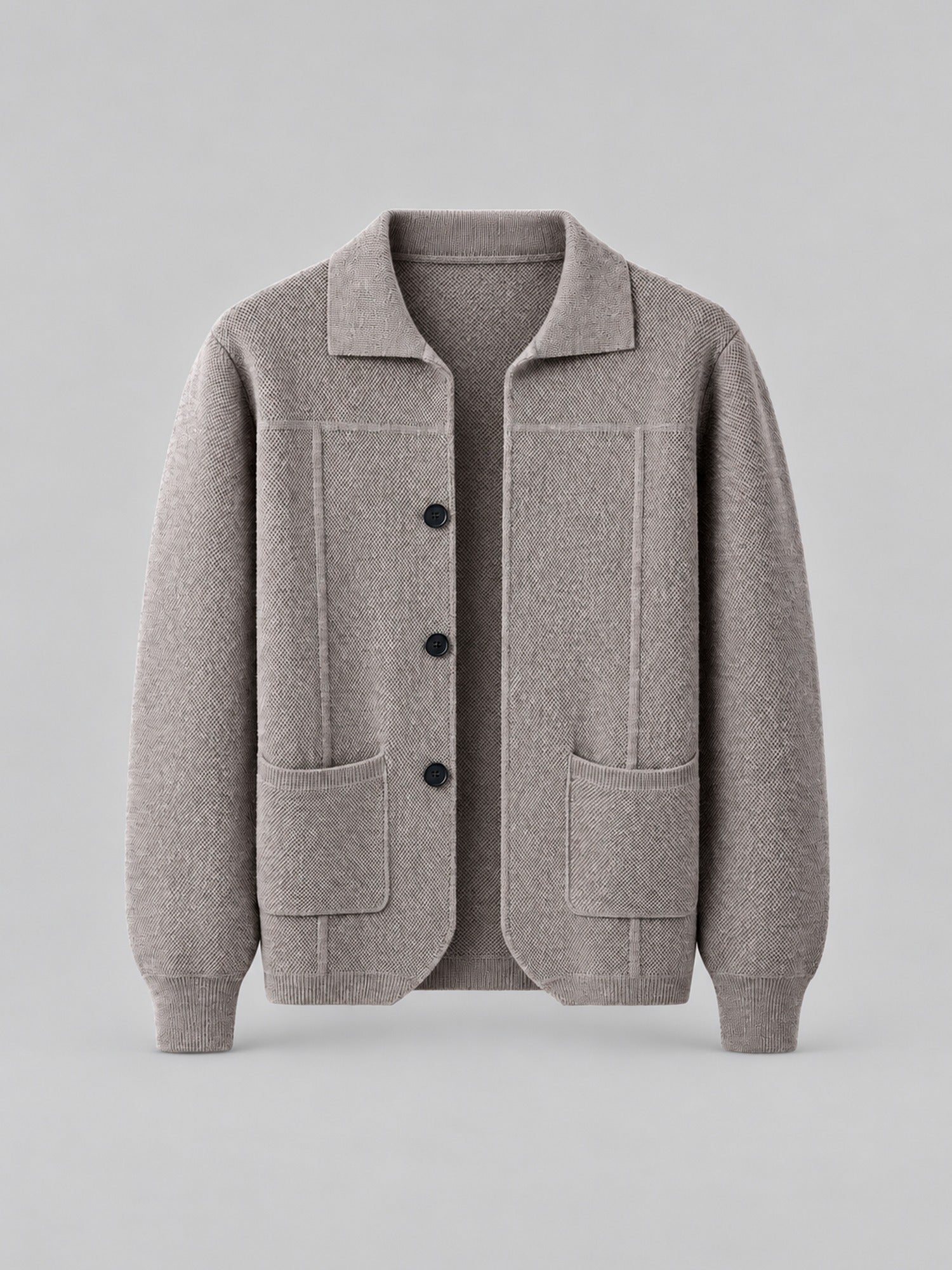 100% Wool Knit Shirt-Collar Cardigan – Men – Stone – front