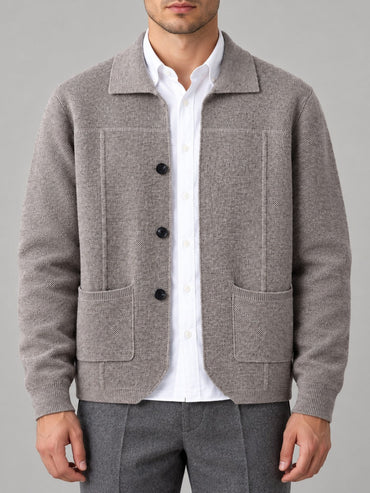 100% Wool Knit Shirt-Collar Cardigan – Men – Stone – worn