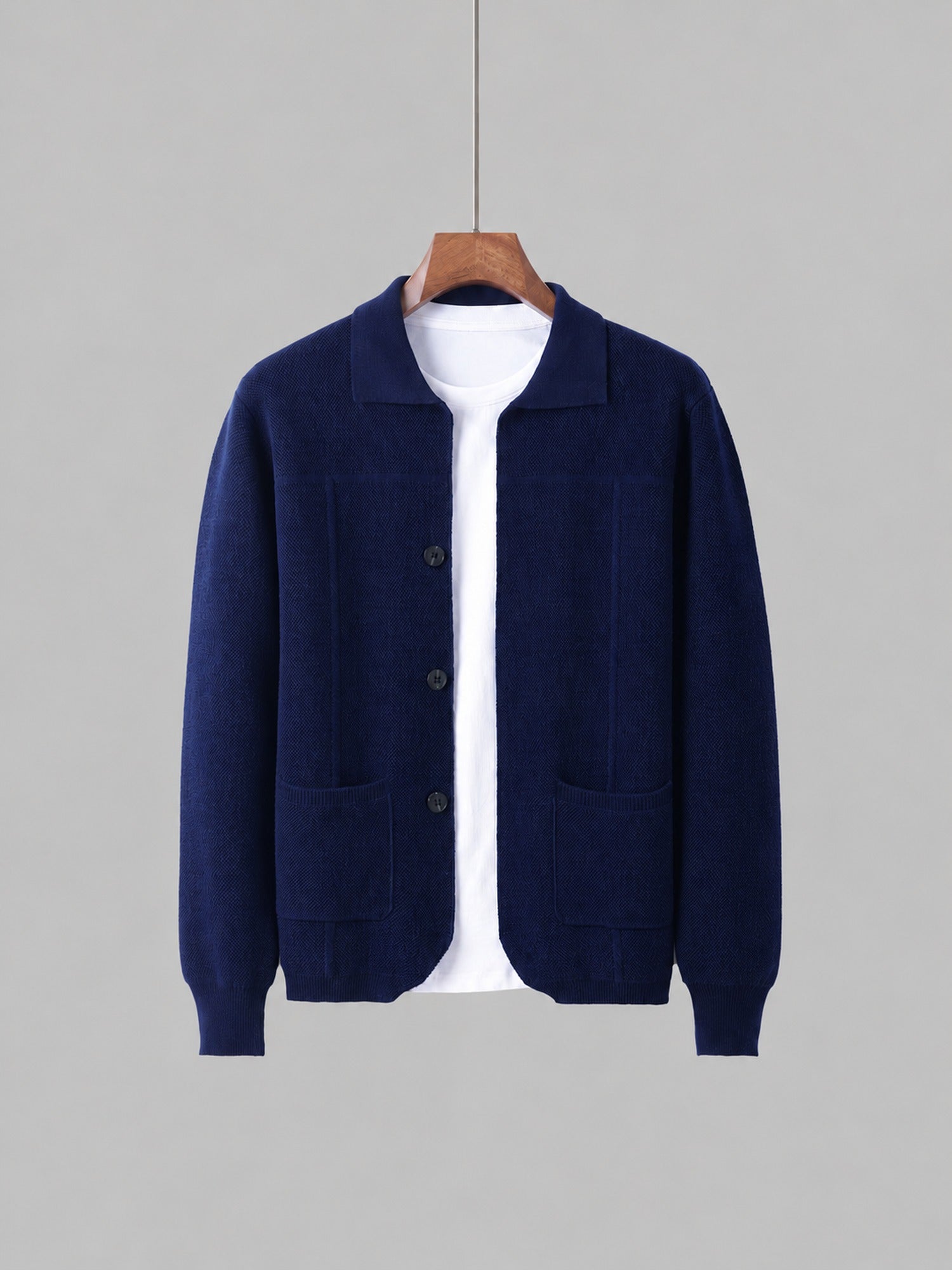 100% Wool Knit Shirt-Collar Cardigan – Men – Navy – front