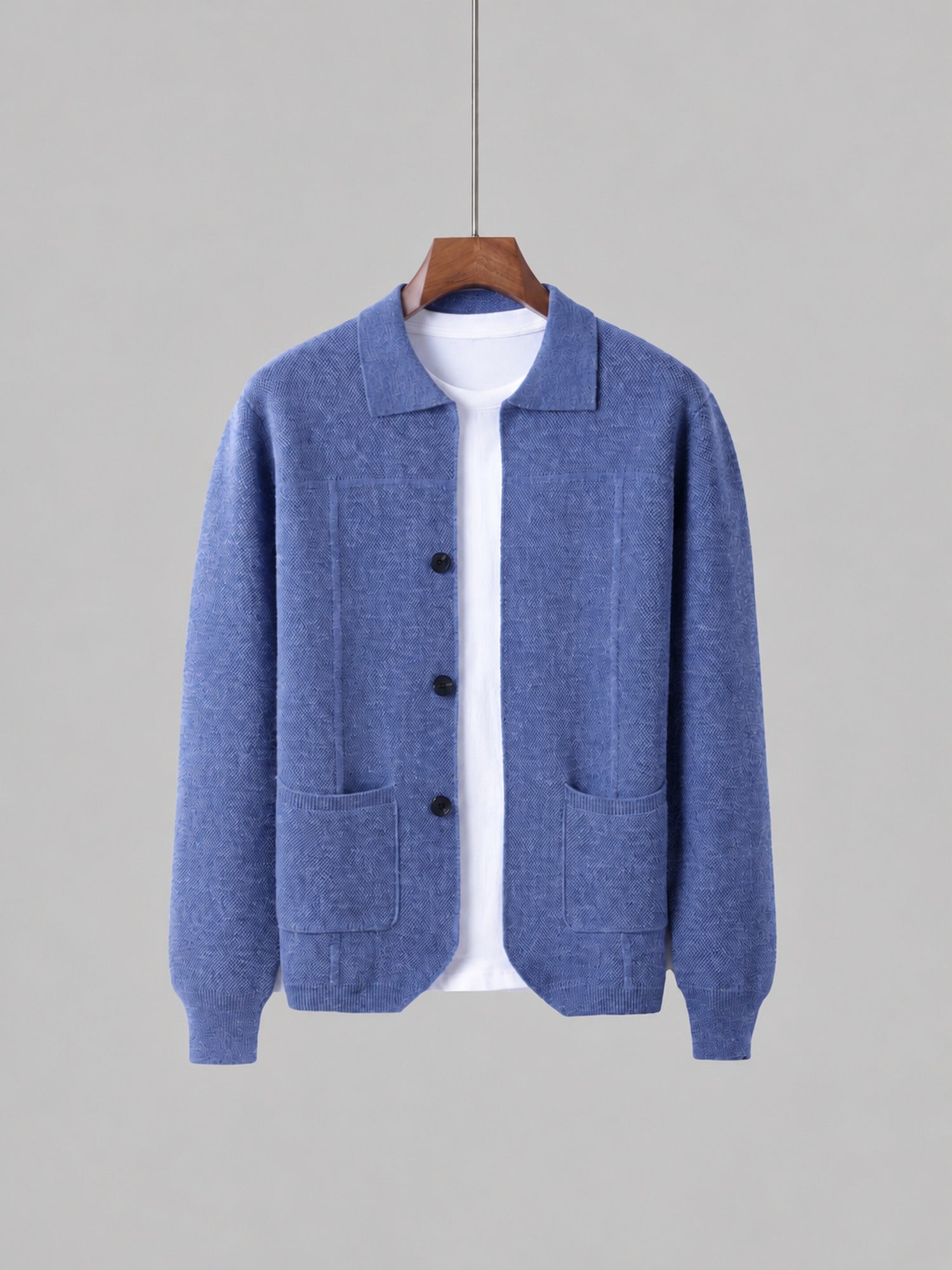 100% Wool Knit Shirt-Collar Cardigan – Men – Light Blue – front
