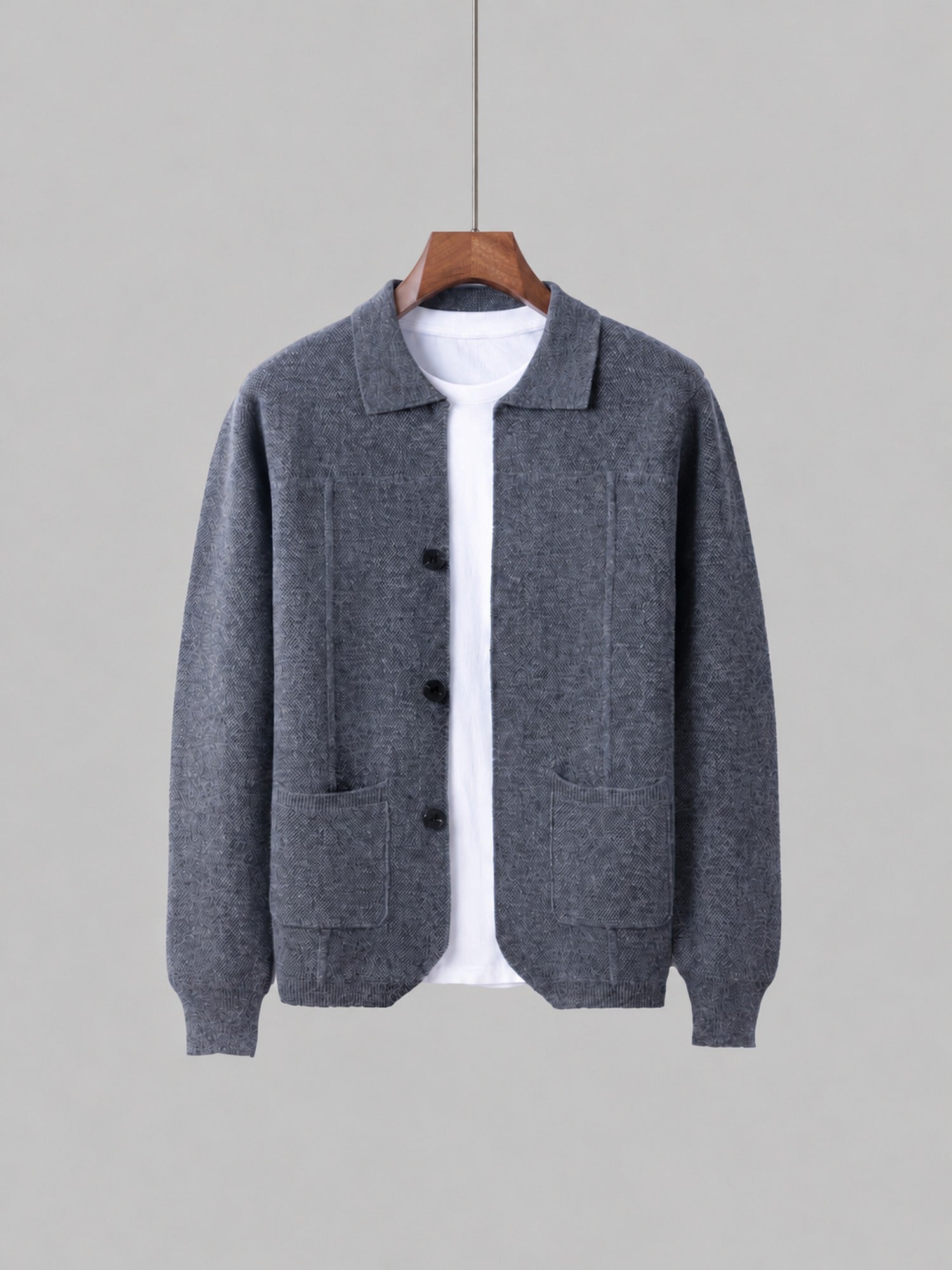 100% Wool Knit Shirt-Collar Cardigan – Men – Grey – front