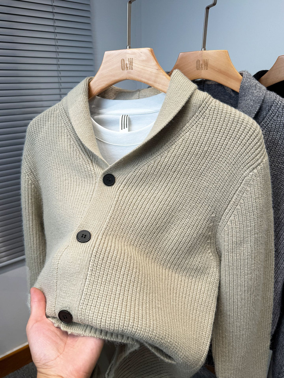 Shawl-Collar Ribbed Knit Cardigan – Men – Stone – front