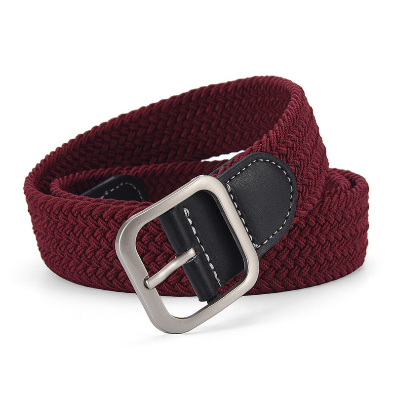 Woven Stretch Belt with Leather-Look Tab – Men – Burgundy · Black Tab – front