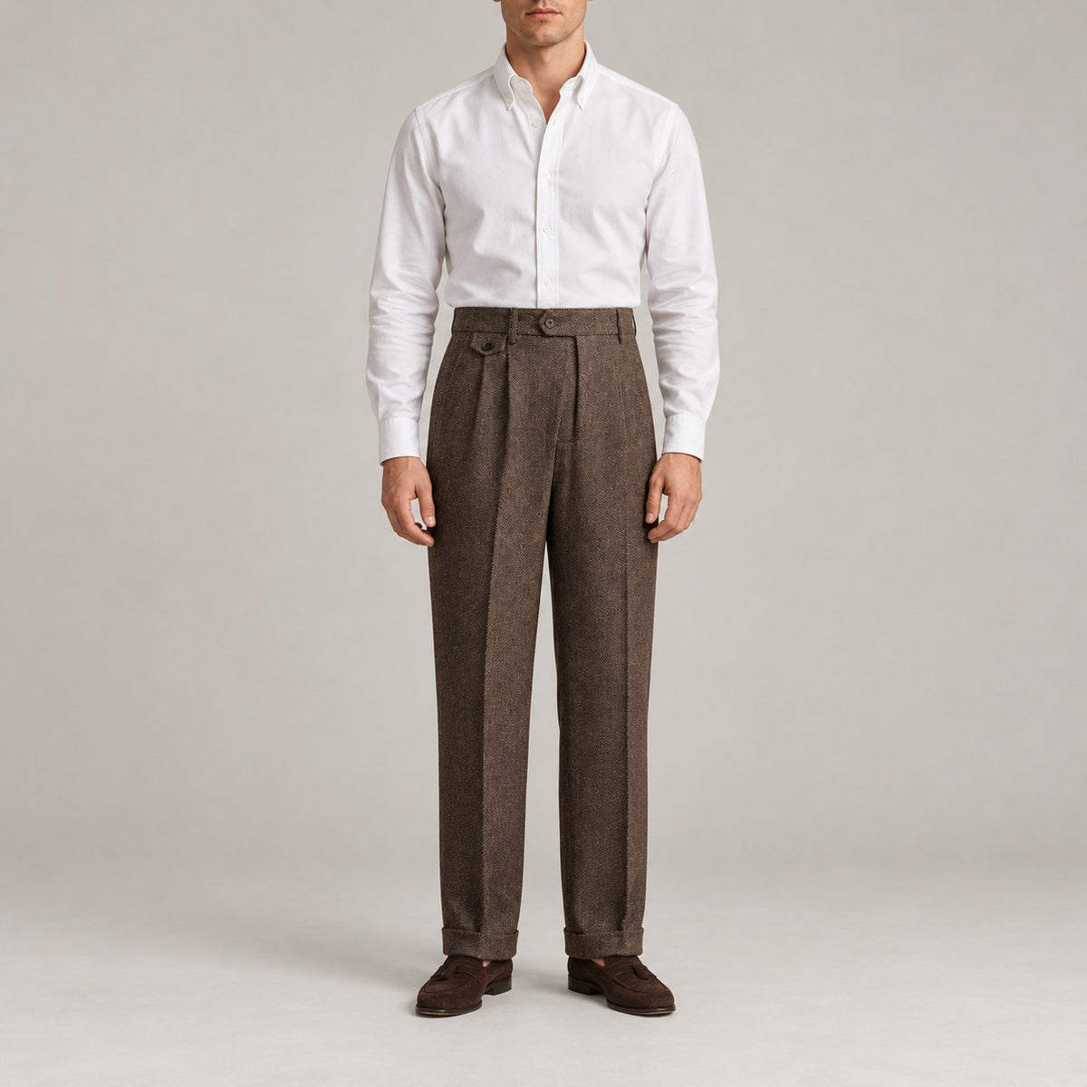 Herringbone Pleated Trousers, High Waist – Men – Brown – worn