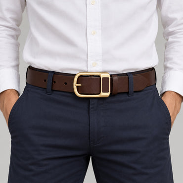 Wide Leather-Look Jeans Belt – Men – Brown · Brass Buckle – worn