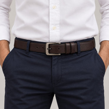 Cowhide Leather Belt, Brushed Buckle – Men – Brown · Gunmetal Frame Buckle – worn