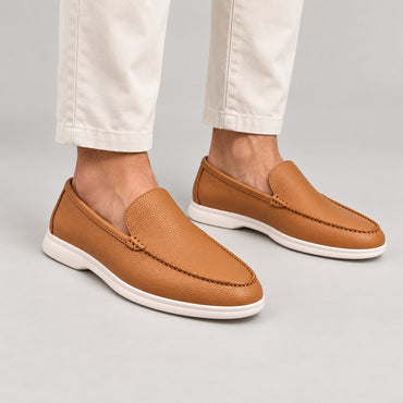 Pebbled Leather-Look Loafers – Men – Tan – worn