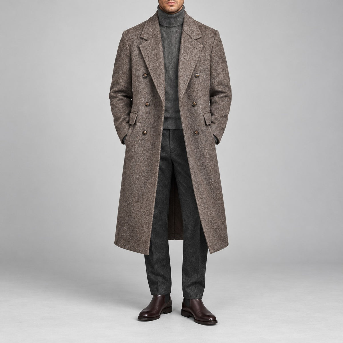 70% Wool Herringbone Double-Breasted Overcoat – Men – Brown – worn