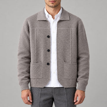 100% Wool Knit Shirt-Collar Cardigan – Men – Stone – worn