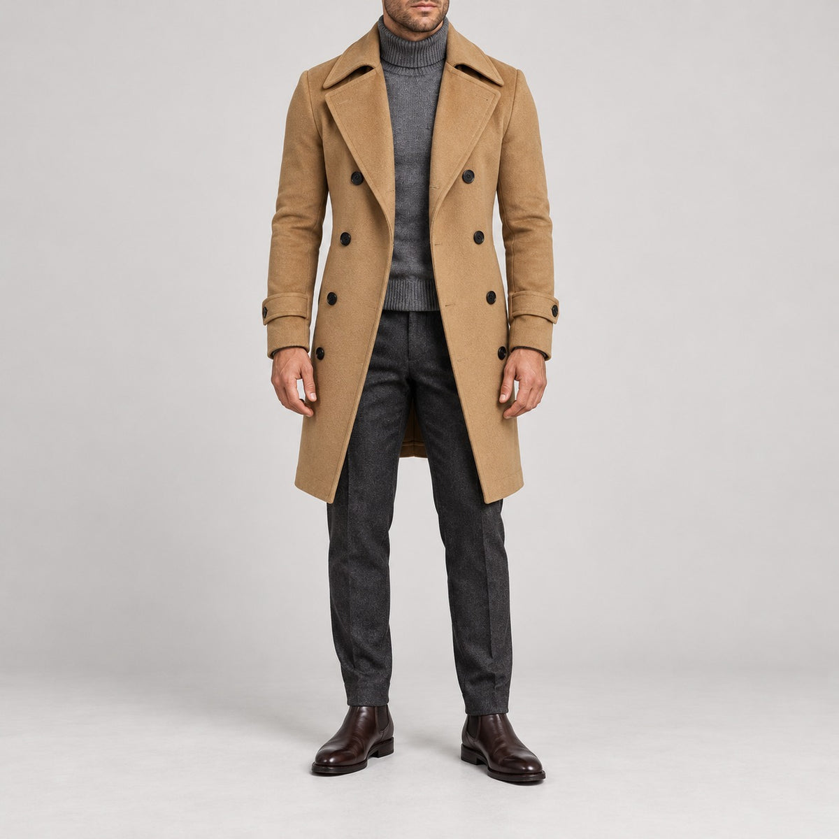Slim Double-Breasted Long Coat – Men – Camel – worn