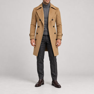 Slim Double-Breasted Long Coat – Men – Camel – worn
