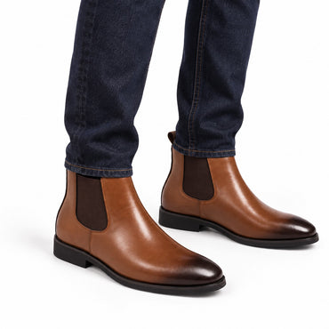 Classic Chelsea Boots, Leather-Look, Fleece Option – Men – Tan – worn