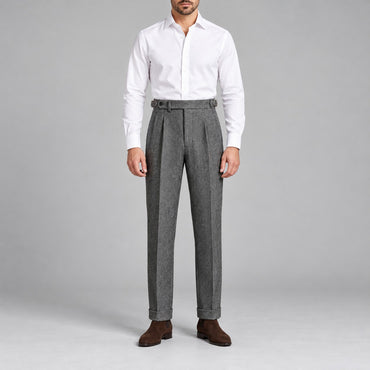Herringbone Tweed-Look Double-Pleat Trousers, Side Adjusters – Men – Charcoal – worn
