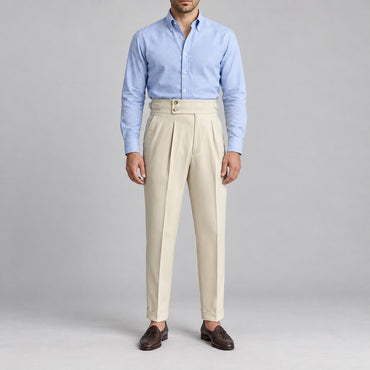 Wrinkle-Free High-Waist Pleated Trousers, Double-Button Tab – Men – Beige – worn