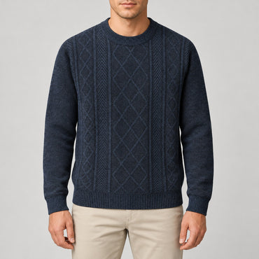Fleece-Lined Chenille Cable Knit Crew Neck – Men – Navy – worn