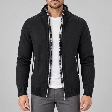 Check-Lined Marled Knit Zip Cardigan – Men – Black – worn