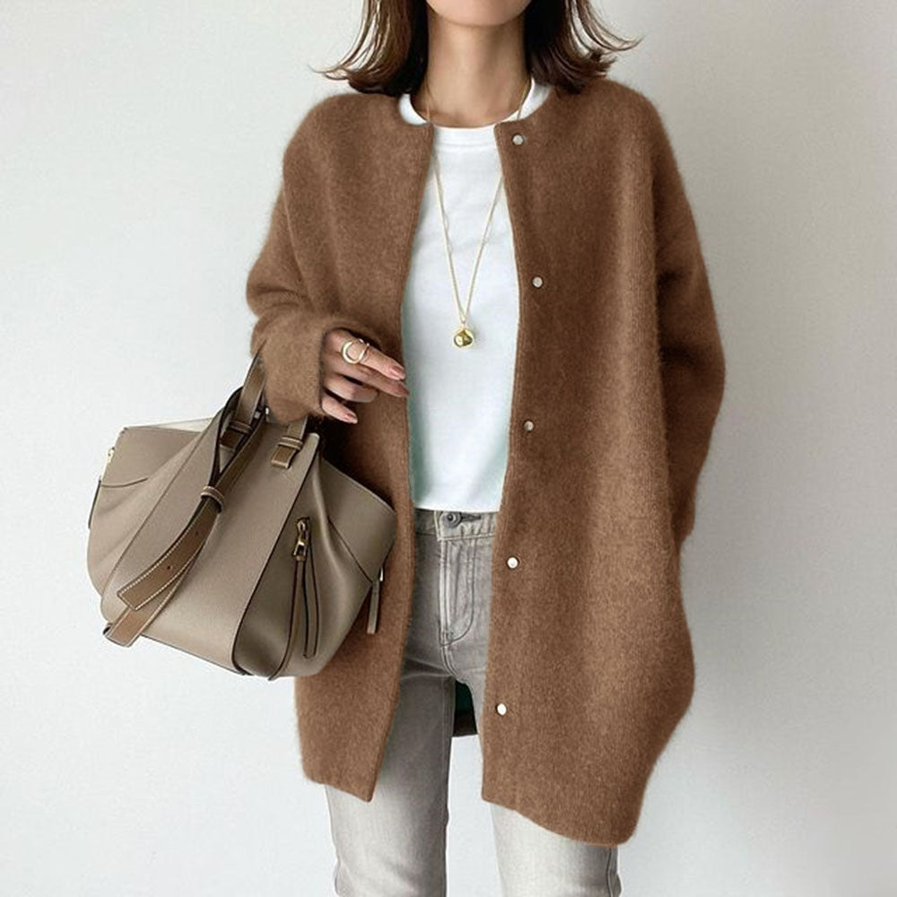 Long Round-Neck Knit Cardigan Coat – Women – Brown – worn