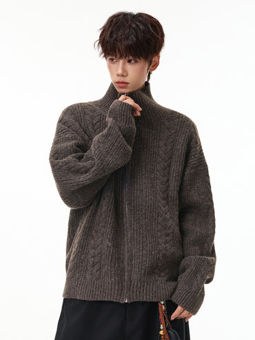 Cable Knit Zip Cardigan, Stand Collar, Relaxed Fit – Men – Chocolate – worn