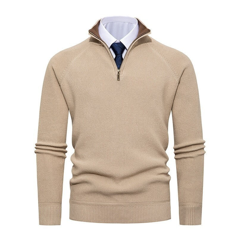 Ribbed Quarter-Zip Sweater, Raglan Sleeves – Men – Beige – front