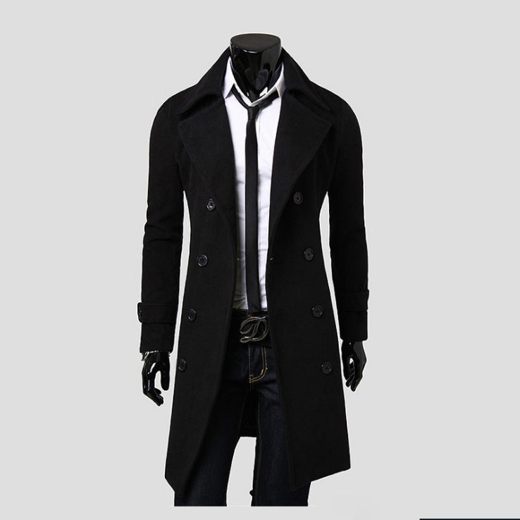 Slim Double-Breasted Long Coat – Men – Black – front