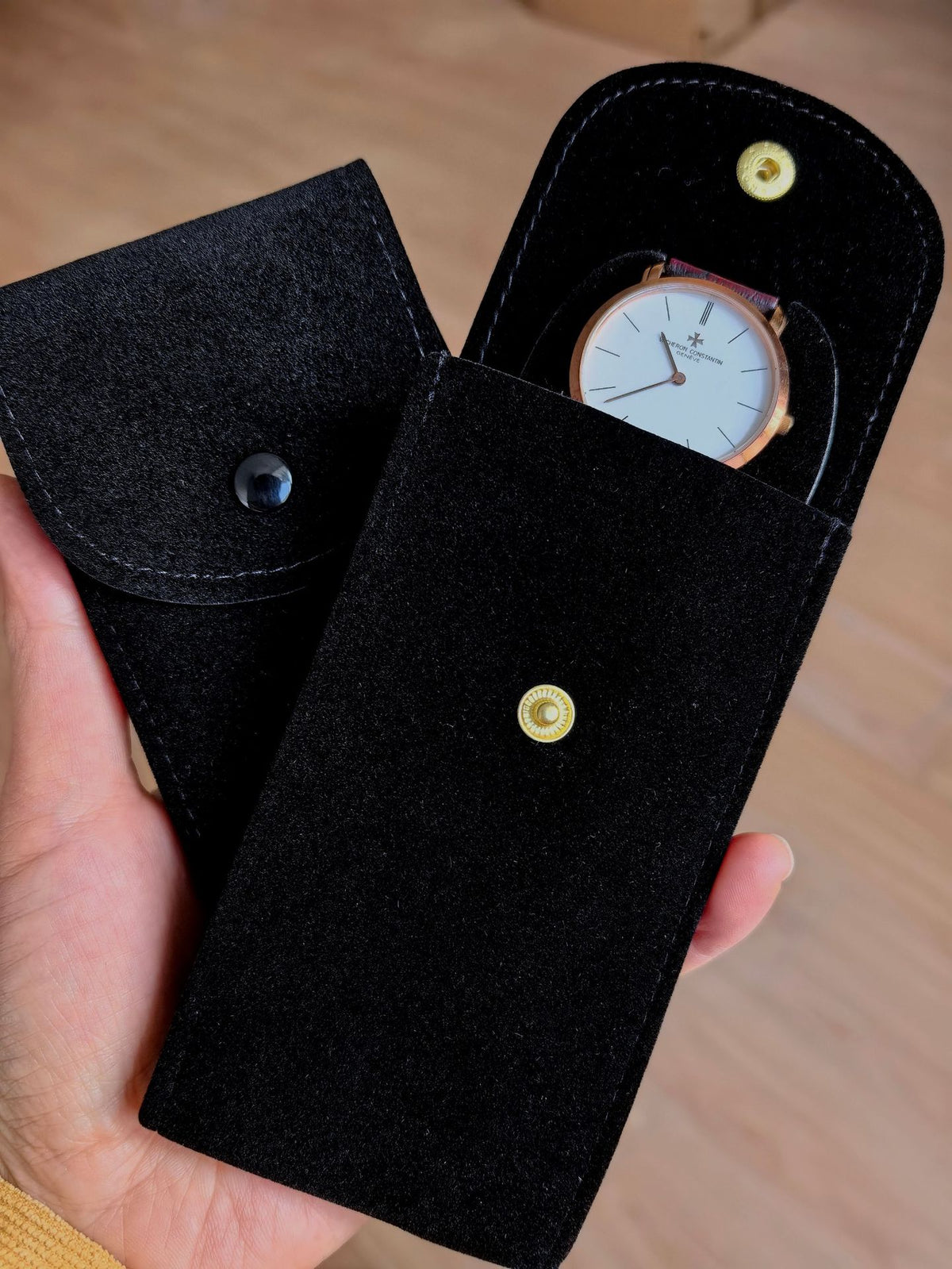 Velvet Watch Pouch, Snap Closure – Men – Black – open