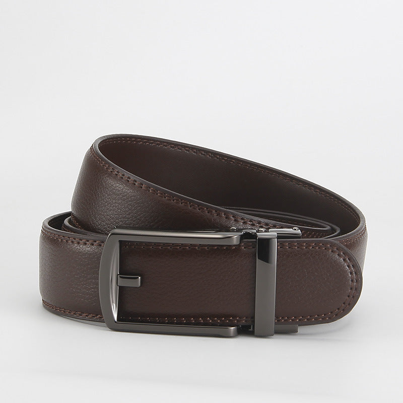 Leather Ratchet Belt, Slim Buckle – Men – Brown · Gunmetal Frame Buckle – front