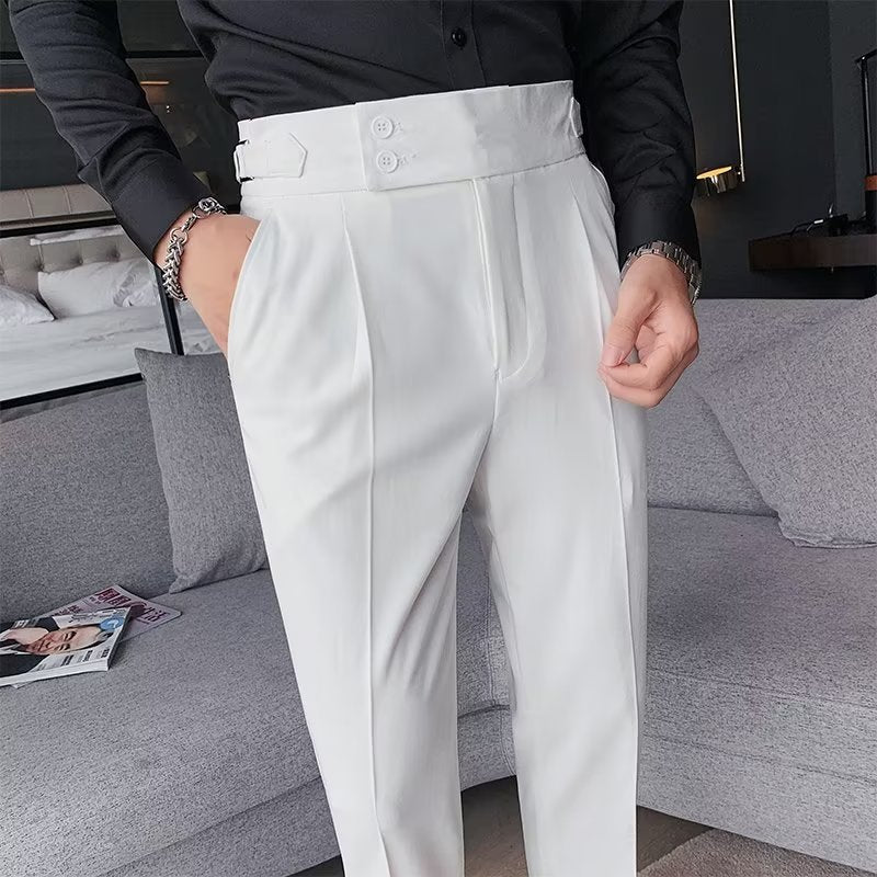 High-Waist Pleated Trousers, Double-Button Waist – Men – White – front