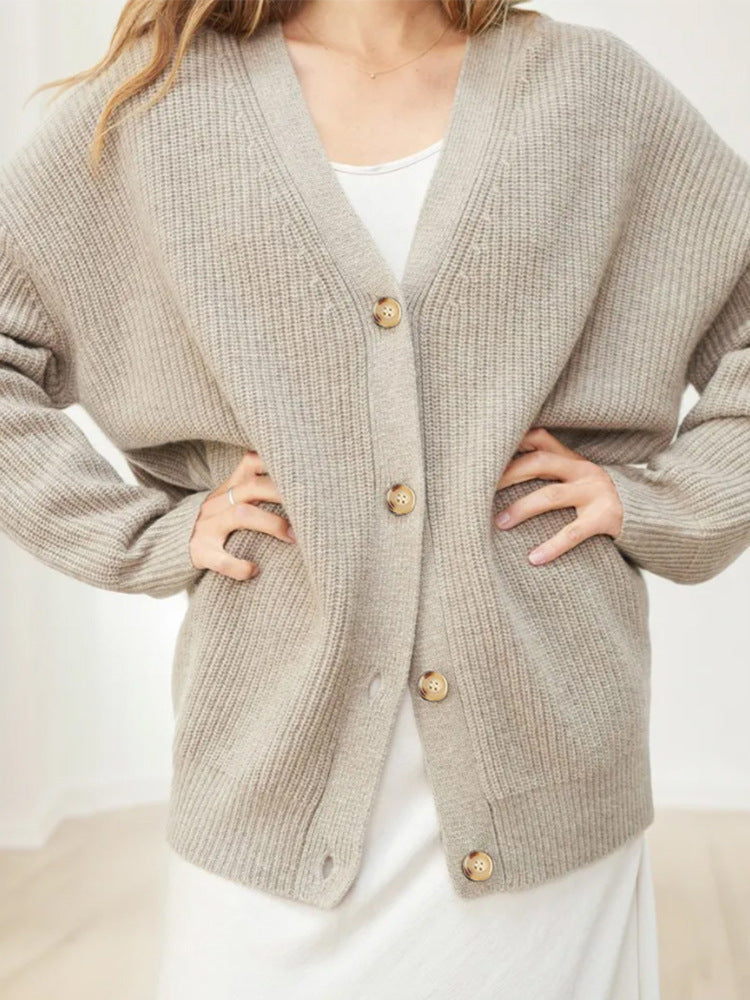 Ribbed V-Neck Button Cardigan – Women – Stone – worn