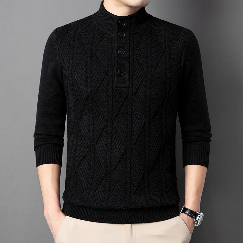 Diamond-Knit Button Stand-Collar Sweater – Men – Black – worn