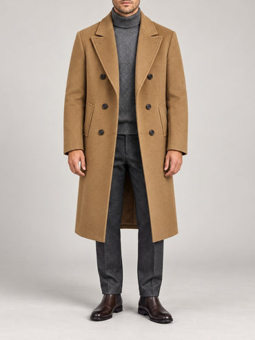 30–50% Wool Double-Breasted Overcoat – Men – Camel – worn