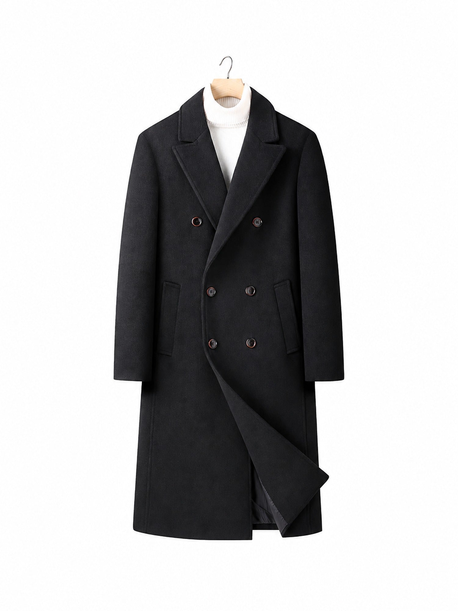 30–50% Wool Double-Breasted Overcoat – Men – Black – front