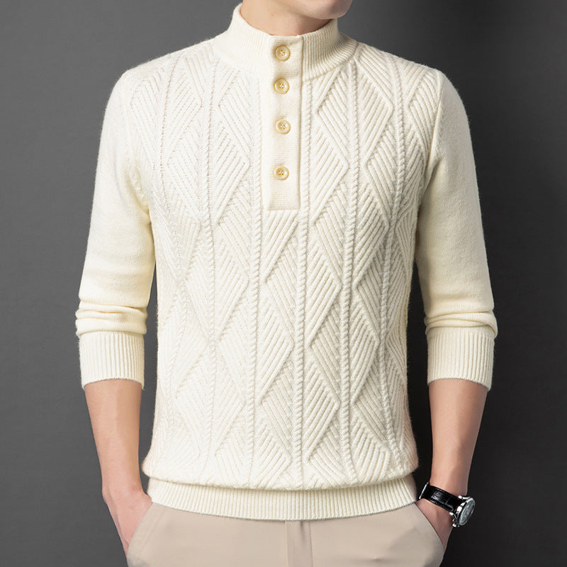 Diamond-Knit Button Stand-Collar Sweater – Men – Cream – worn