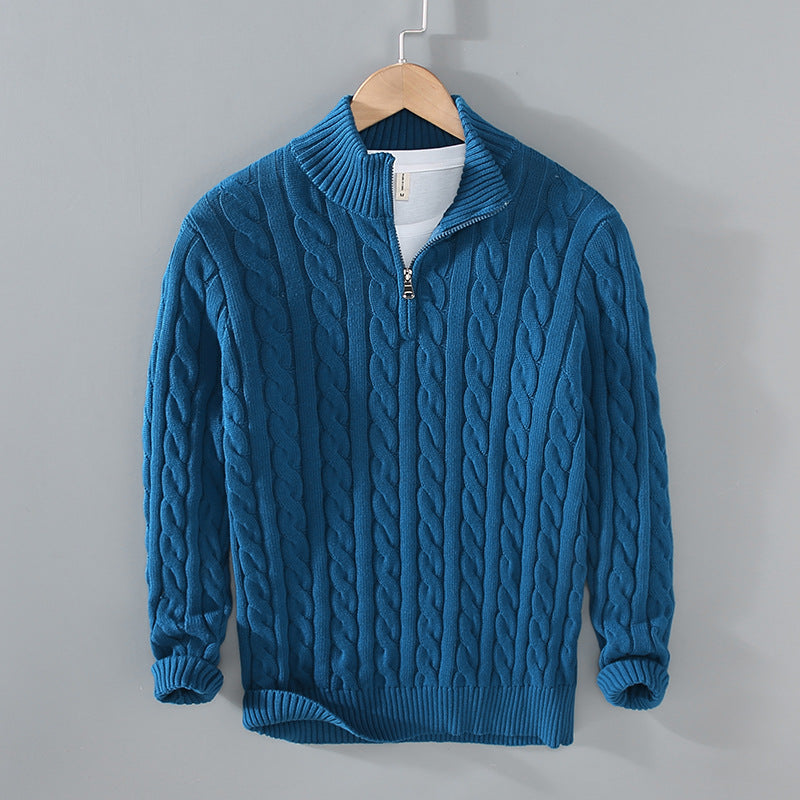 Cable Knit Quarter-Zip Sweater – Men – Petrol Blue – front