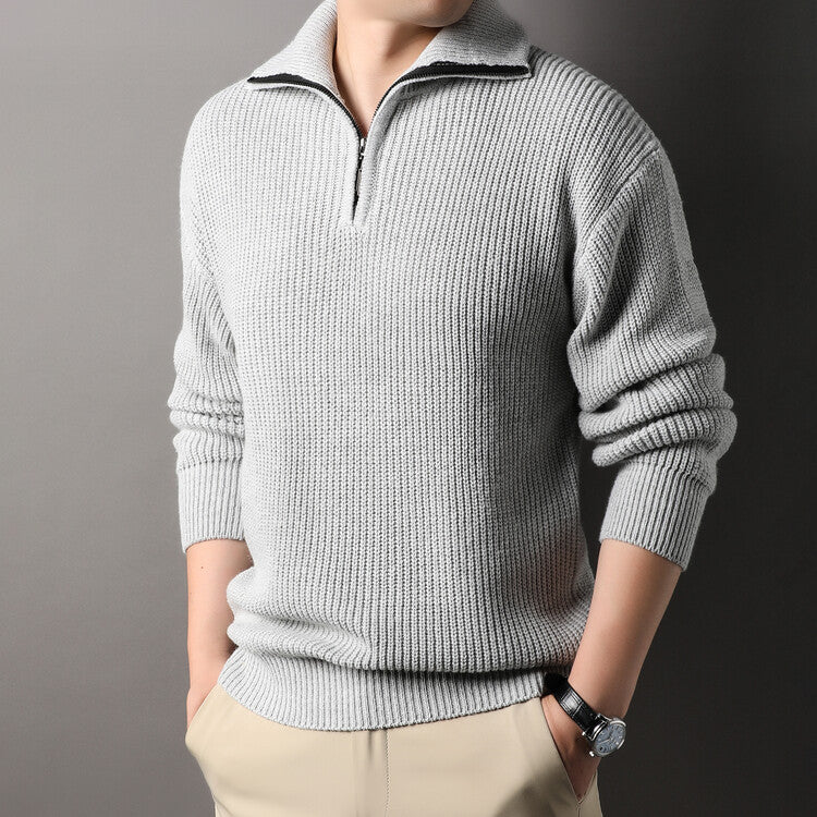 Chunky Rib Half-Zip Sweater, Fold-Down Collar – Men – Grey – worn