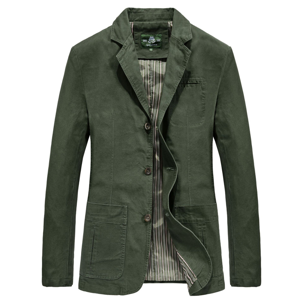 100% Cotton Washed Blazer, Patch Pockets – Men – Olive – front