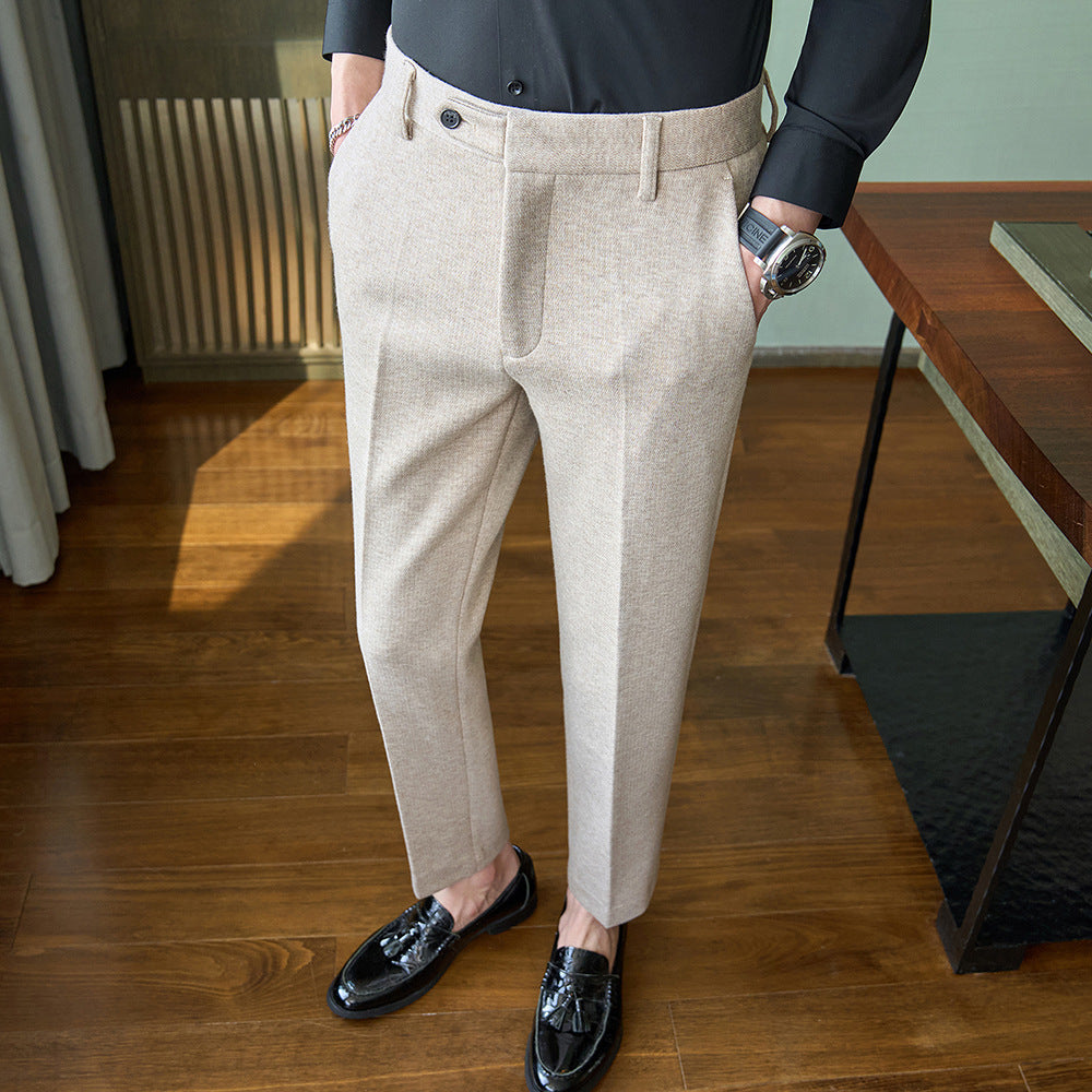 Brushed Wool-Look Slim Trousers, Ankle Length – Men – Beige – worn, full length
