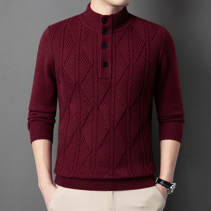 Diamond-Knit Button Stand-Collar Sweater – Men – Burgundy – worn