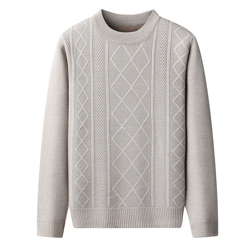 Fleece-Lined Chenille Cable Knit Crew Neck – Men – Beige – front