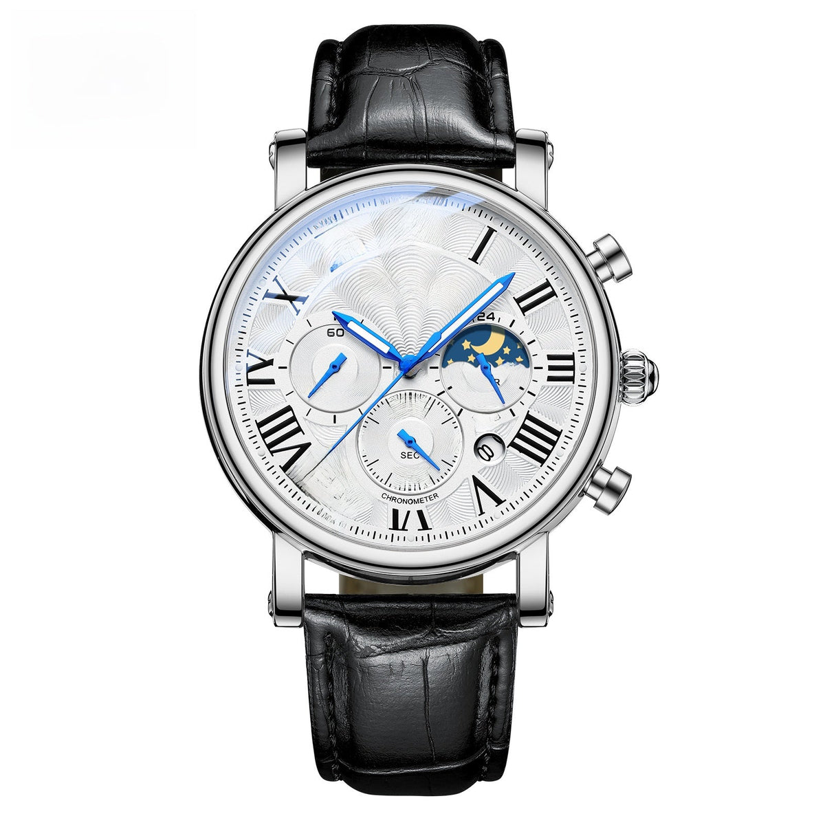 Roman Numeral Moon-Phase Watch – Men – Silver · White Dial · Black Leather – front