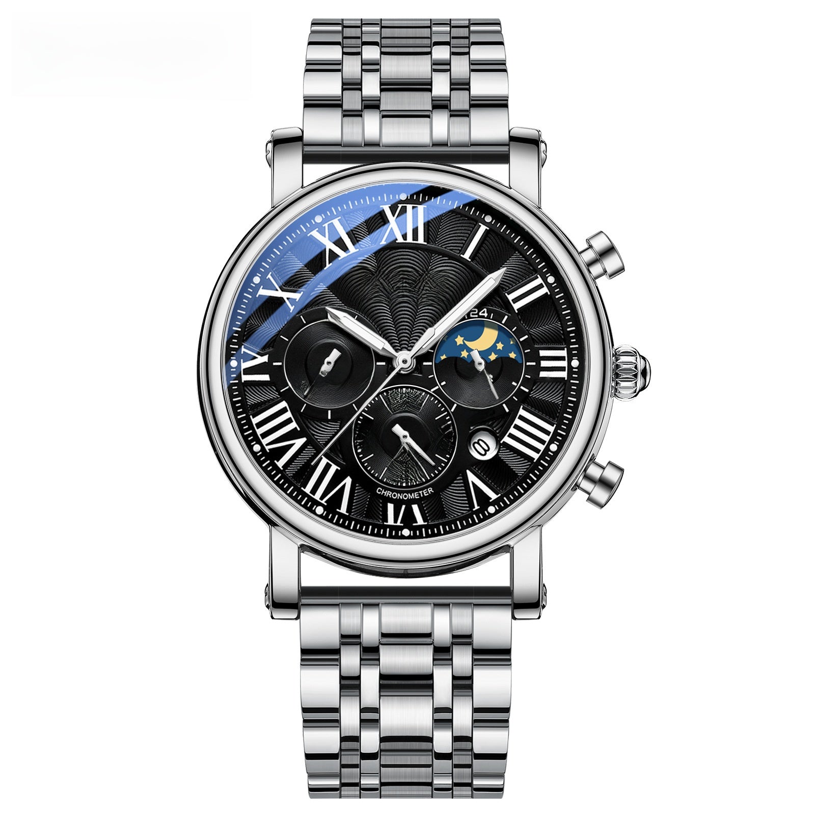 Roman Numeral Moon-Phase Watch – Men – Silver · Black Dial · Steel Bracelet – front